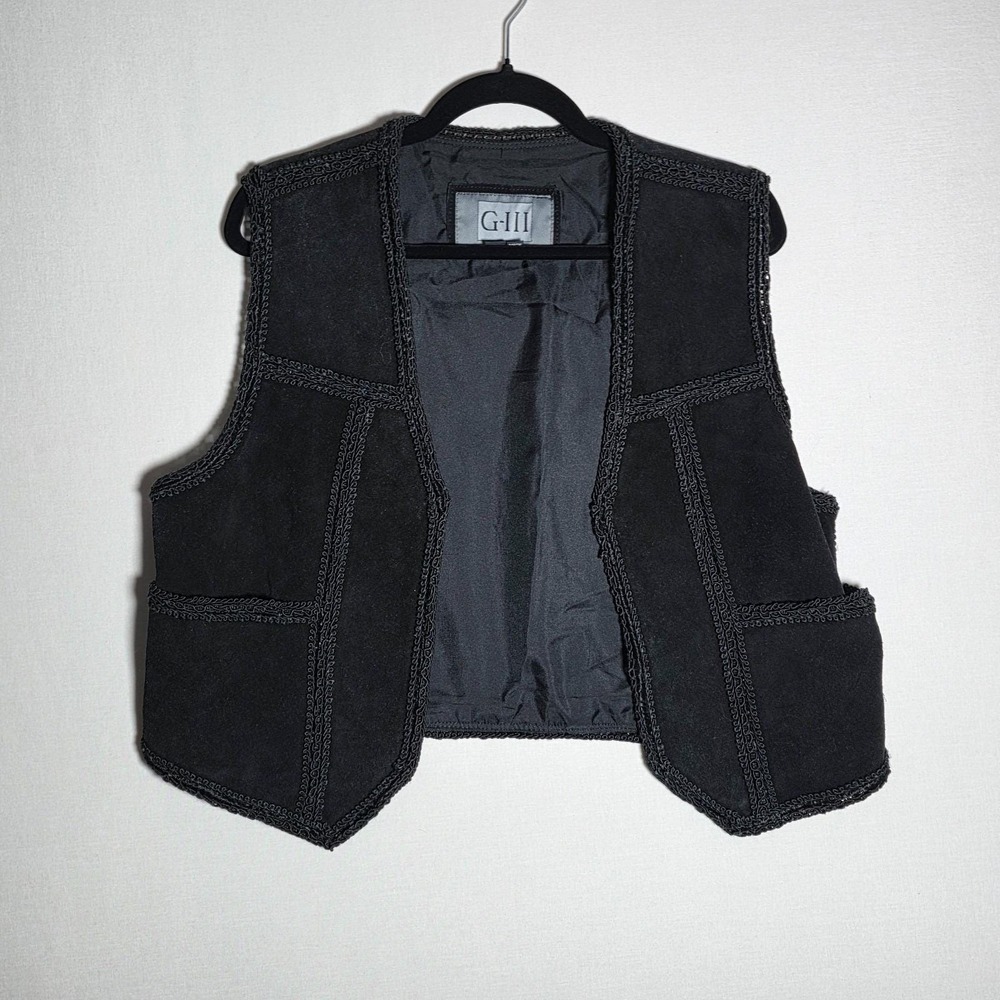 Vintage G-III Black Leather Suede Trim Vest Size S Western Biker Grunge Sleek 90